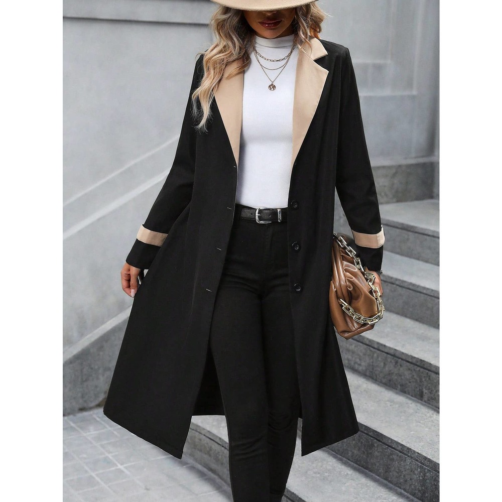 Two Tone Lapel Collar Belted Trench Coat preppy - Picture 1 of 9